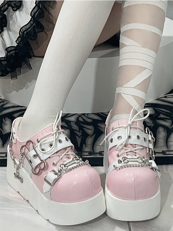 Jirai Kei Pink Y2K Bone Design Buckle Strap Platform Shoes