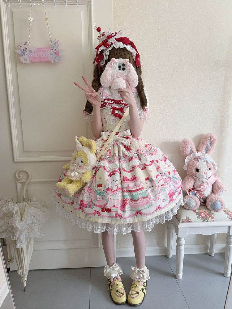 Sweet Dress Cakes Bunny Yellow Print and Skirt Lolita Jumper