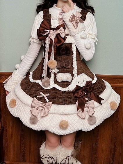 Dress and with Scalloped Brown White Sweet Trim Lolita Overalls Pom-poms Bowknots Edge