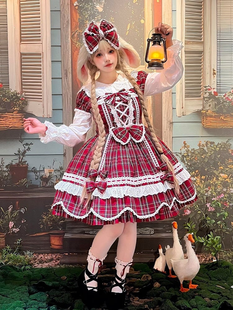 mit Lolita-Scalloped und Puff Trim Schleife Akzente süße Plaid Rand Ärmel rot
