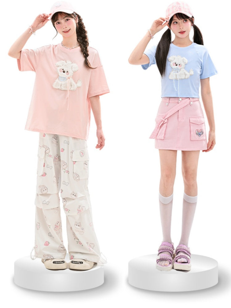 Kawaii Blue/Pink Plush Puppy Applique T-Shirt Yume