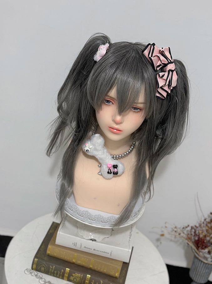 Clips Wig Gray Double Ponytail + 30CM Claw Bangs 38CM Straight Length With Ombre Hair Color