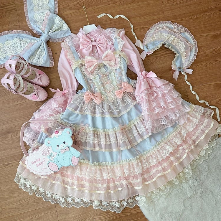 Hanayome Chain Decorated Princess Lolita Dress Blue Bead Bows