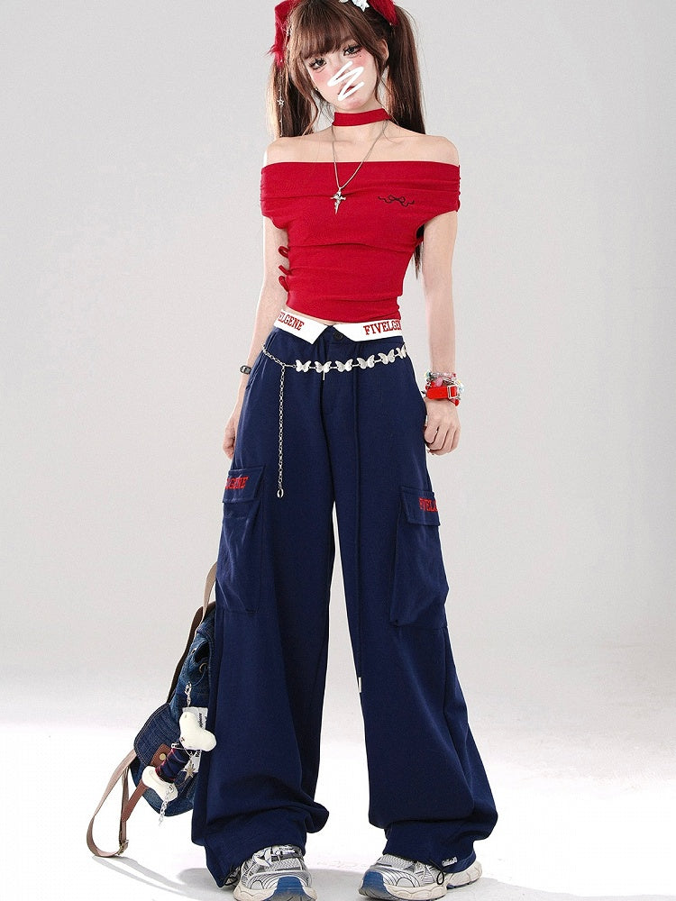 Klein Blue Wide-Leg Pants with Lettered Pocket Flaps and Foldover Waistband
