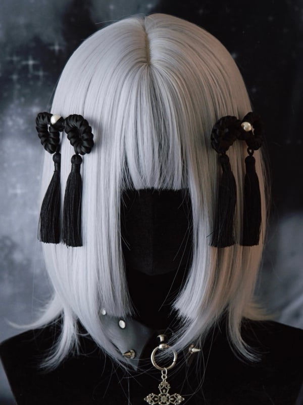 Black Gothic Design Tassels Hairclips Decorated Beaded Bowknot
