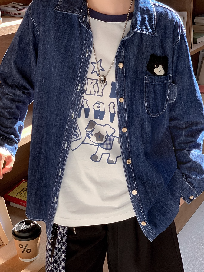 Kitty Dark Blue Faded Wash Denim Shirt Cute Embroidery