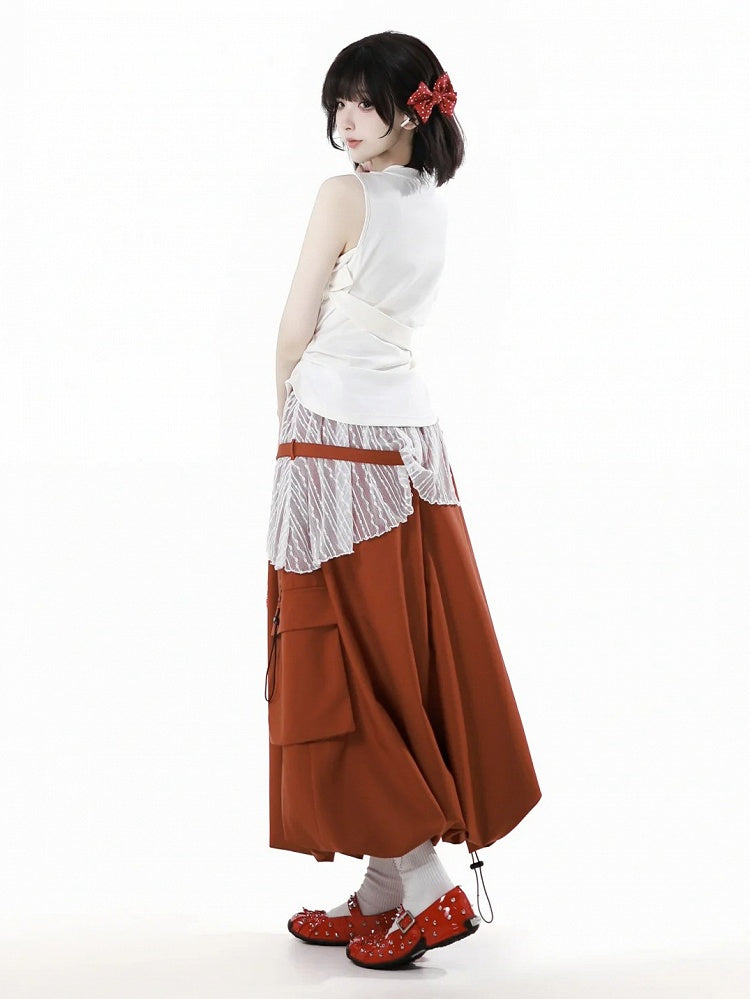 Orange Elastic Waist Drawstring Hem Cargo Pockets Long Bubble Skirt