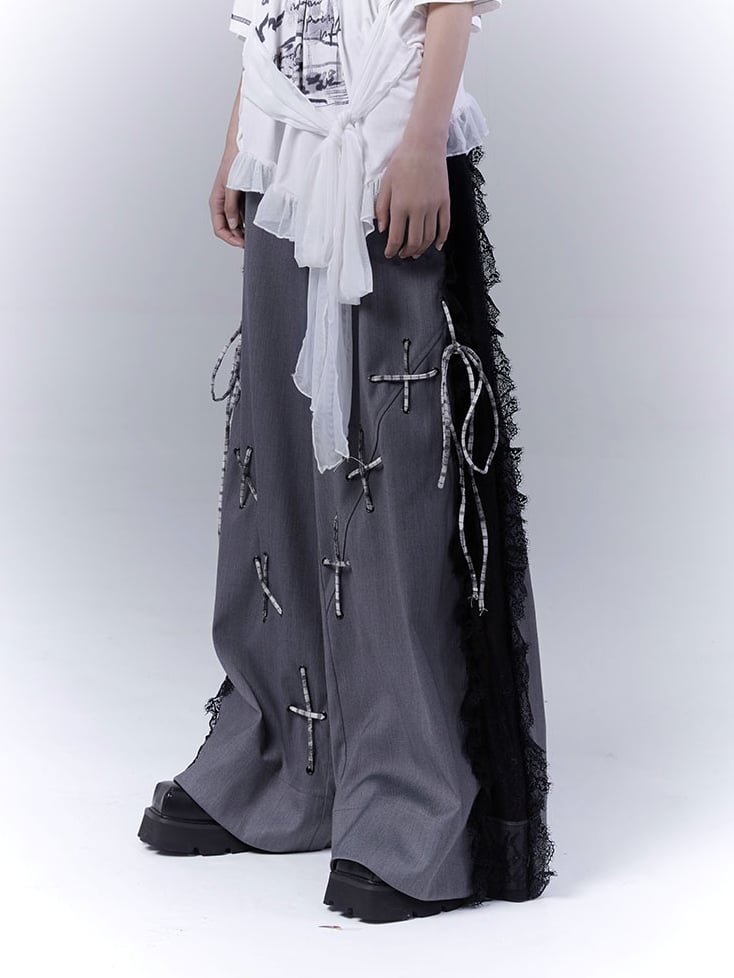 Dark Gray Lace Patches Lace-up with Casual Pants Details Side