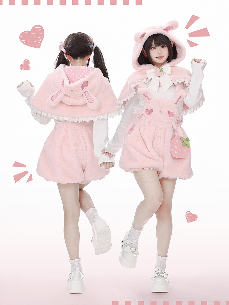 Rosa süße Bunny Plüsch Overalls Bubble Shorts