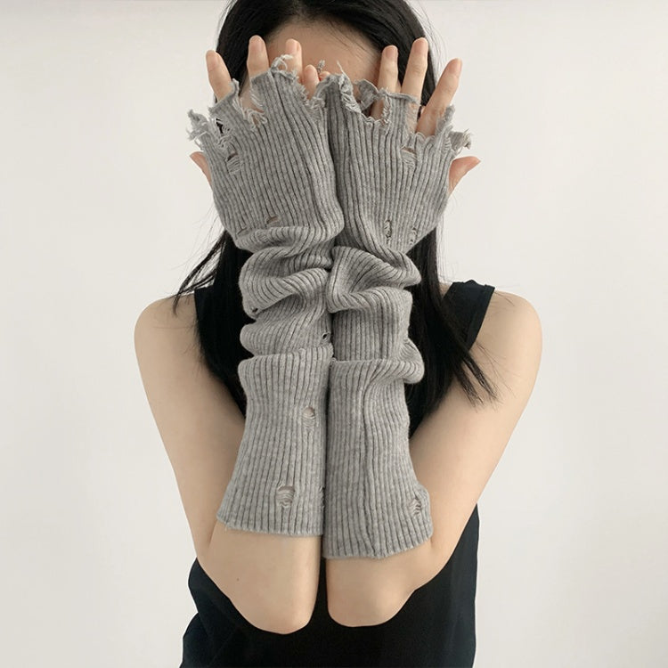 ダメージ加工の穴あき指なしニットロンググローブ