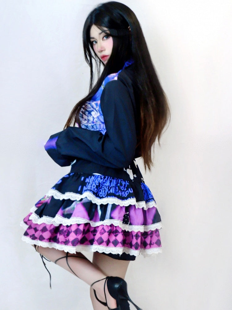 And Red Diamond Heart Pattern Print Y2K Skeleton Skirt Rose Bone Tiered