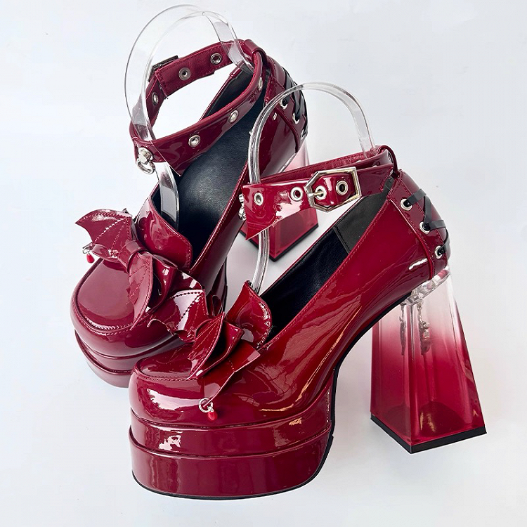 Charms Bat Crisscross and Red Janes Accents Platform Wine Heart Gothic Containing Mary Heel Details Wing with Back - Skeleton