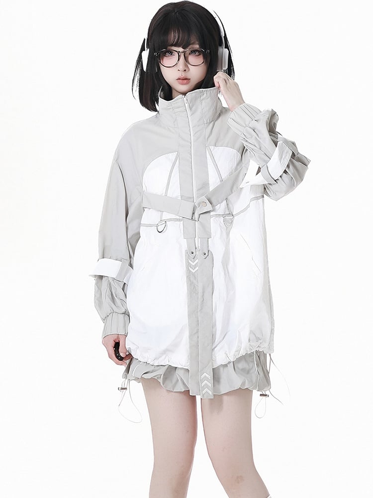 and White Techwear Sun Protection Jacket Gray Hem Colorblock Drawstring
