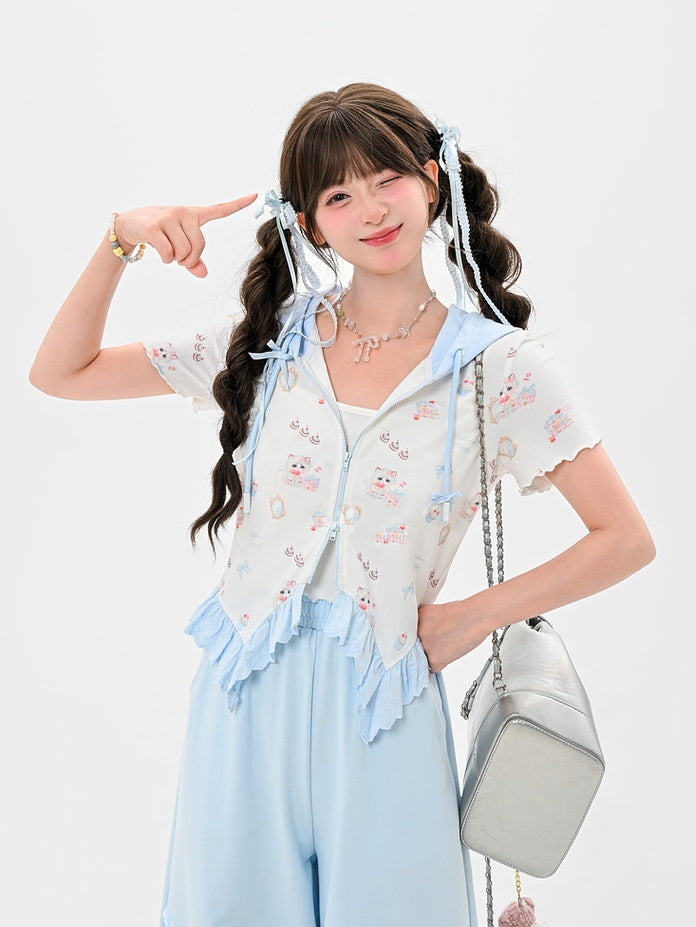 Zip-up Hooded Cute Kitty Print Curved Hem Lace Blue Trim T-Shirt