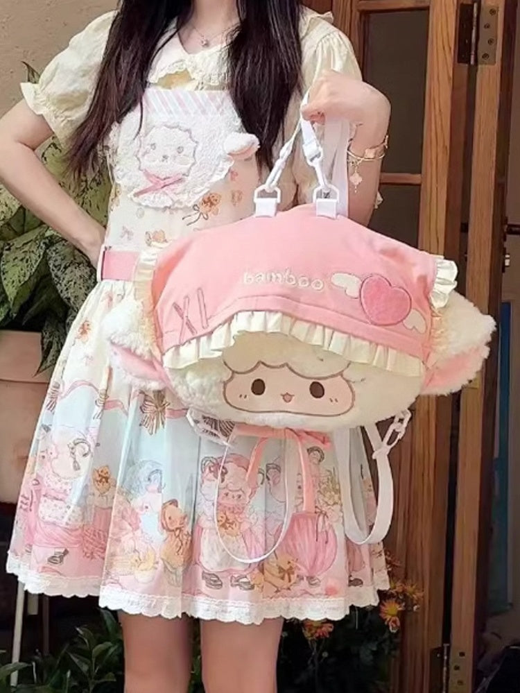 Weiß-rosa Plüschrucksack in Lammform mit Schleife