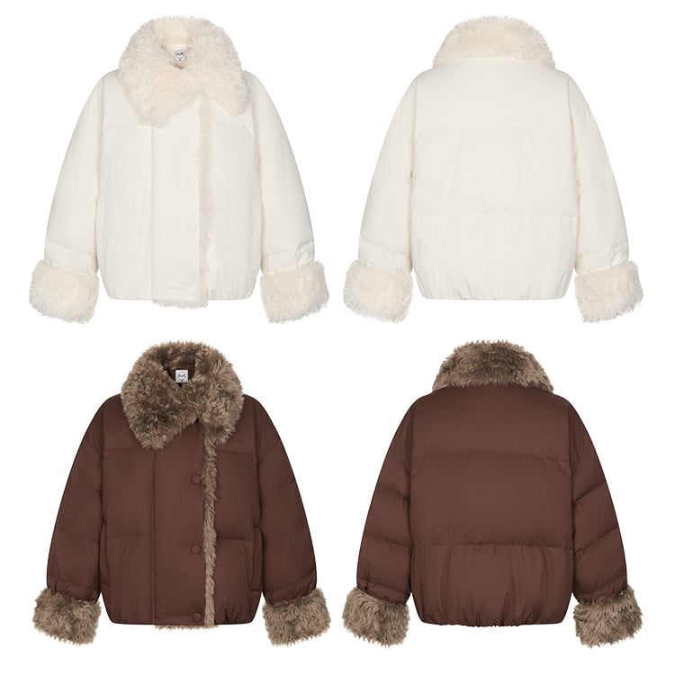 Beige/Brown Short Puffer Jacket with Faux Fur Trim and White Duck Down Filling