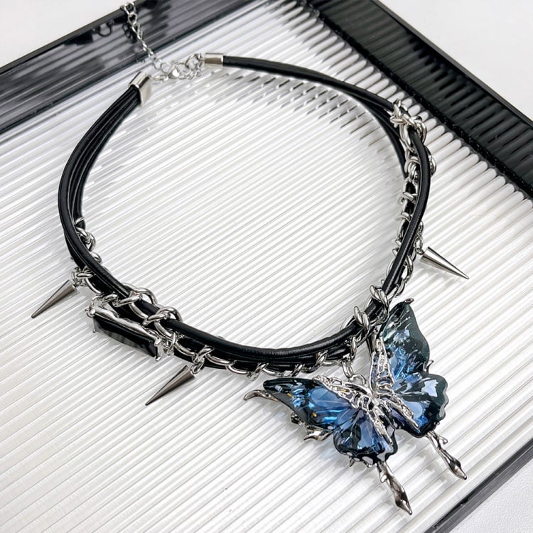 Collier ras du cou papillon rose rouge bleu foncé Y2K