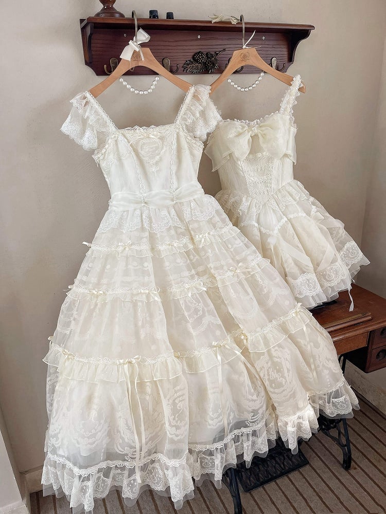 Beads Bow Creamy Princess Accents White Neckline Ribbon Dress Lolita