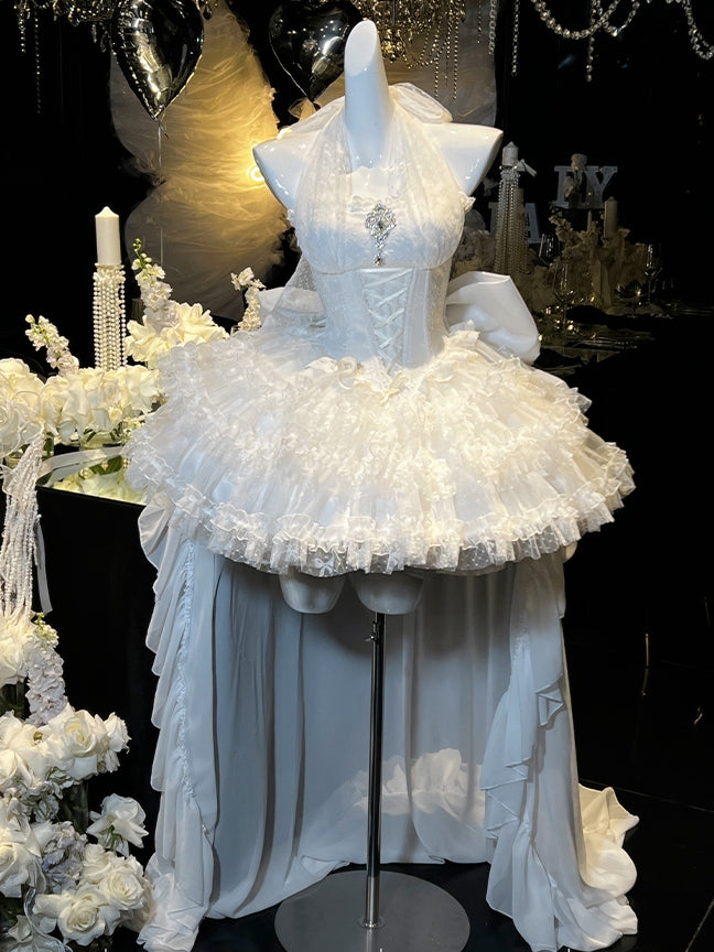 White Basque Waist Self-tie Lace Halter Neck Hanayome Lolitacore Dress