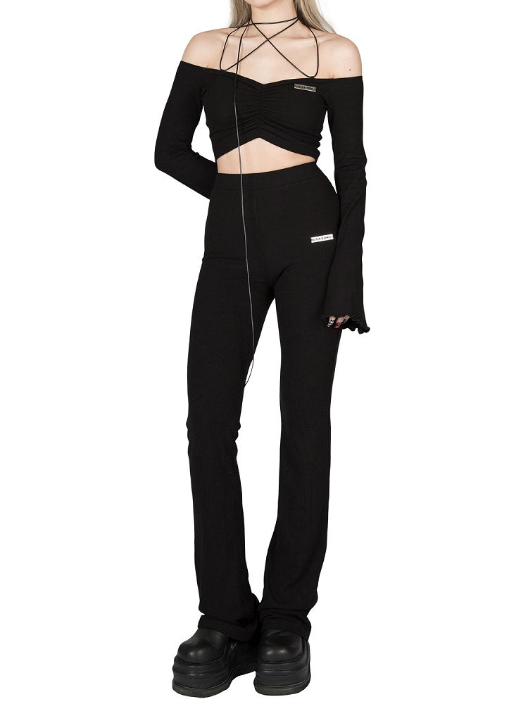 Knit Pants Stretchy High-Waisted - Flared Figure-Flattering Black