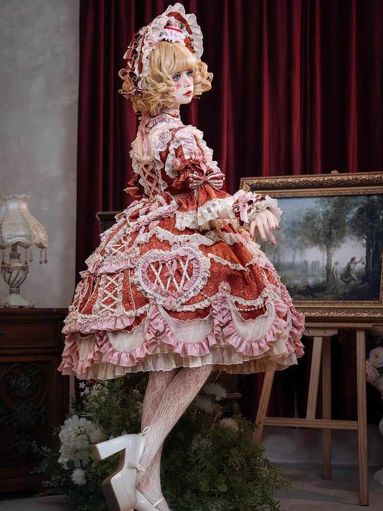 Rote Hanayome-Rosettenstickerei mit Blumenmuster und Perlenkettendetails, Lolita OP-Komplettset