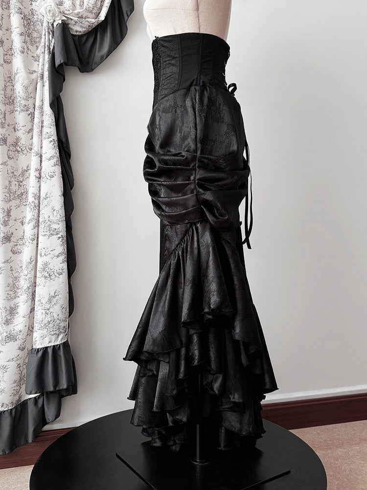 Flounce Gothic Skirt Hem Corset Waist Mermaid Cascading Black Boned Asymmetrical Lolita High