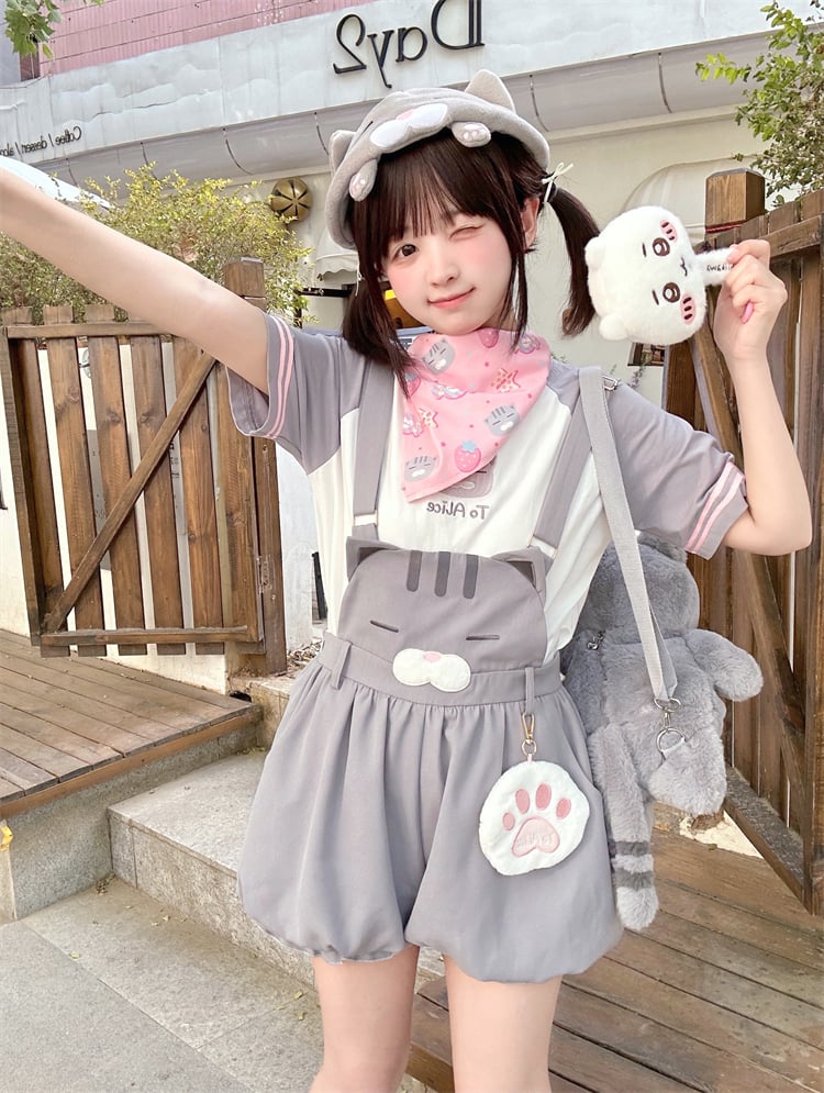Print Pink Strawberry Cute Cat and Square Scarf