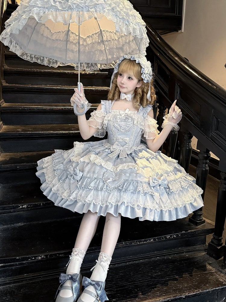 Blau-weißes Old School Lolita-Kleid mit Schleifen und herzförmiger Dekoration, Prinzessinnen-Lolita-Pulloverrock
