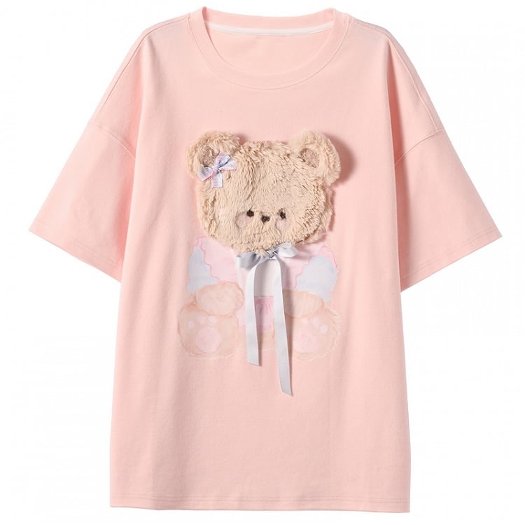 Pink/Gray Round Neck Plush Kitty/Bear T-Shirt