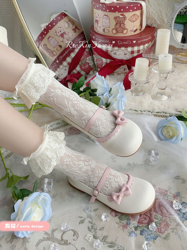 Schuhe Schleife Schnalle Kreis Lolita Beige Flach Rosa mit Spitze Rund Abnehmbar Süß