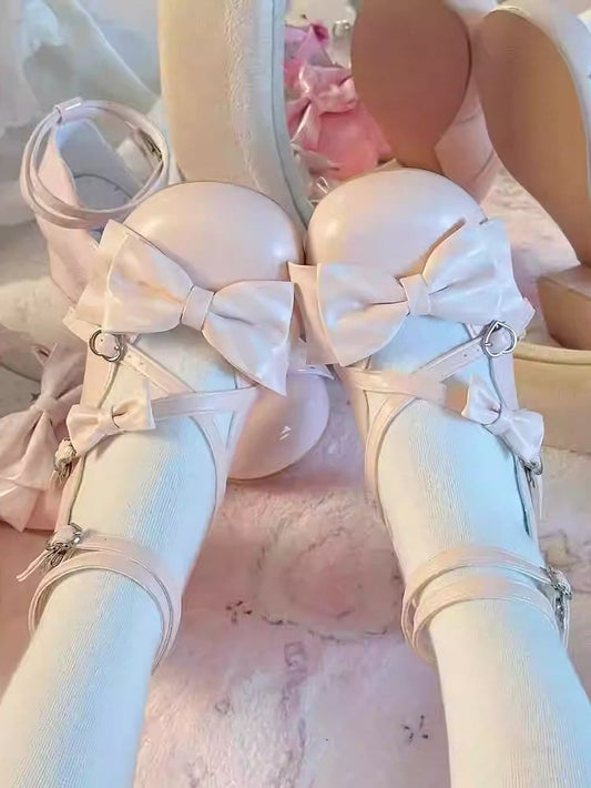 Absatz Herz - Schleifen Hellrosa Schnallen Gestreifte Lolita mit mittelhohen PU-Schuhen