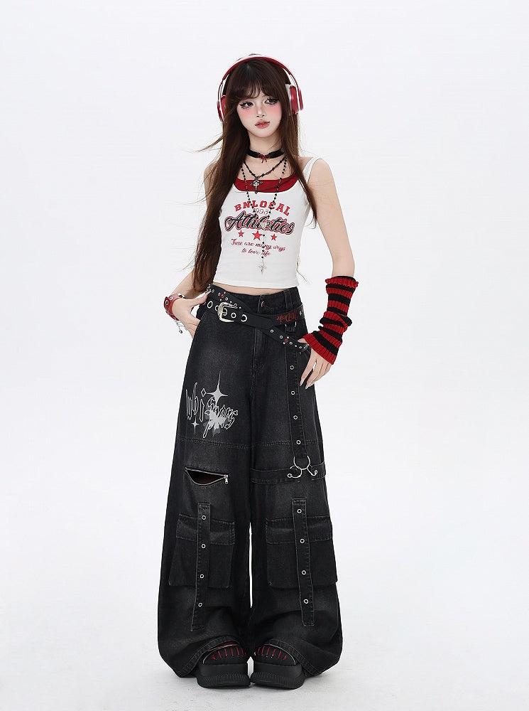Jeans Black Butterfly Wide-Leg Cargo Print Strap Details Vintage