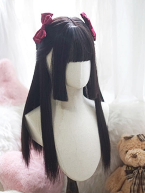Black Hime Cut Long Straight Wig With Full Bangs
