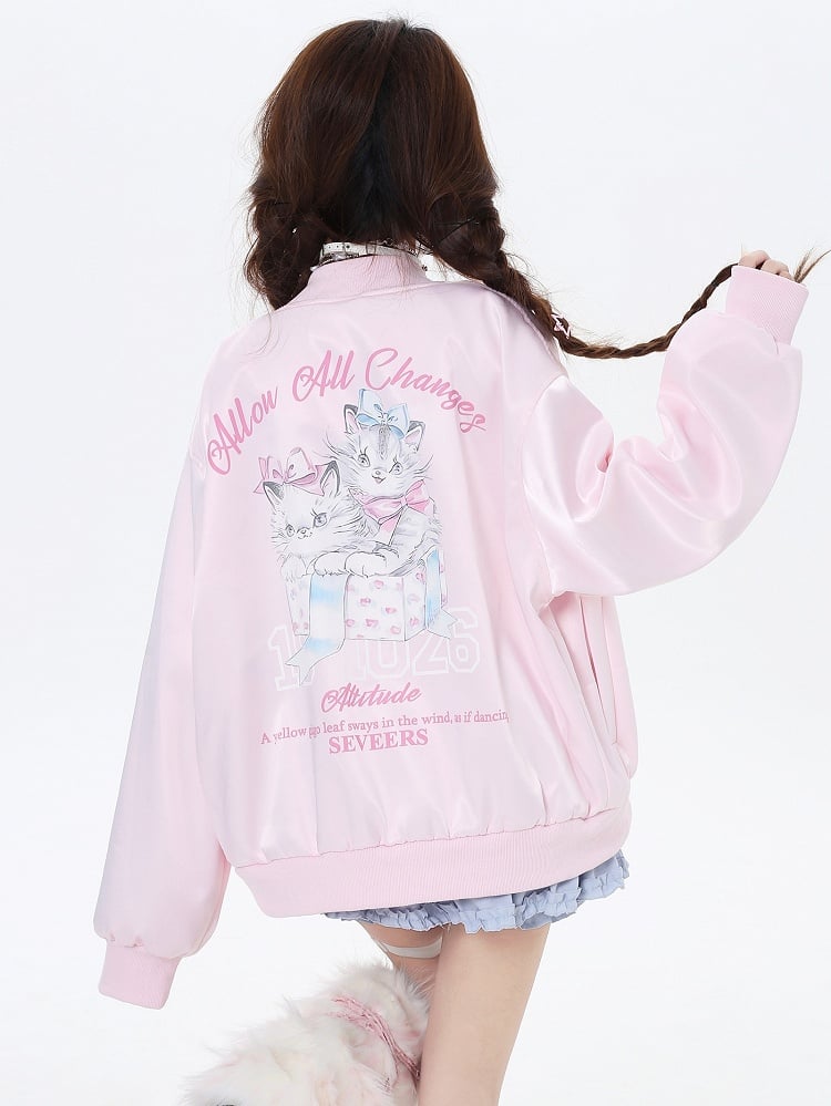 Hellblau/Pink Katzen Frühling Baseballjacke