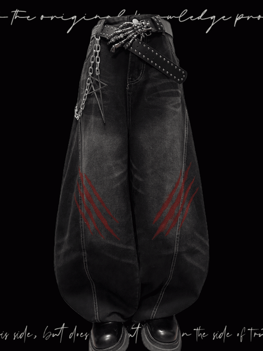 Faded Scratch Print Distressed Punk Wide-Leg Jeans Wash Black