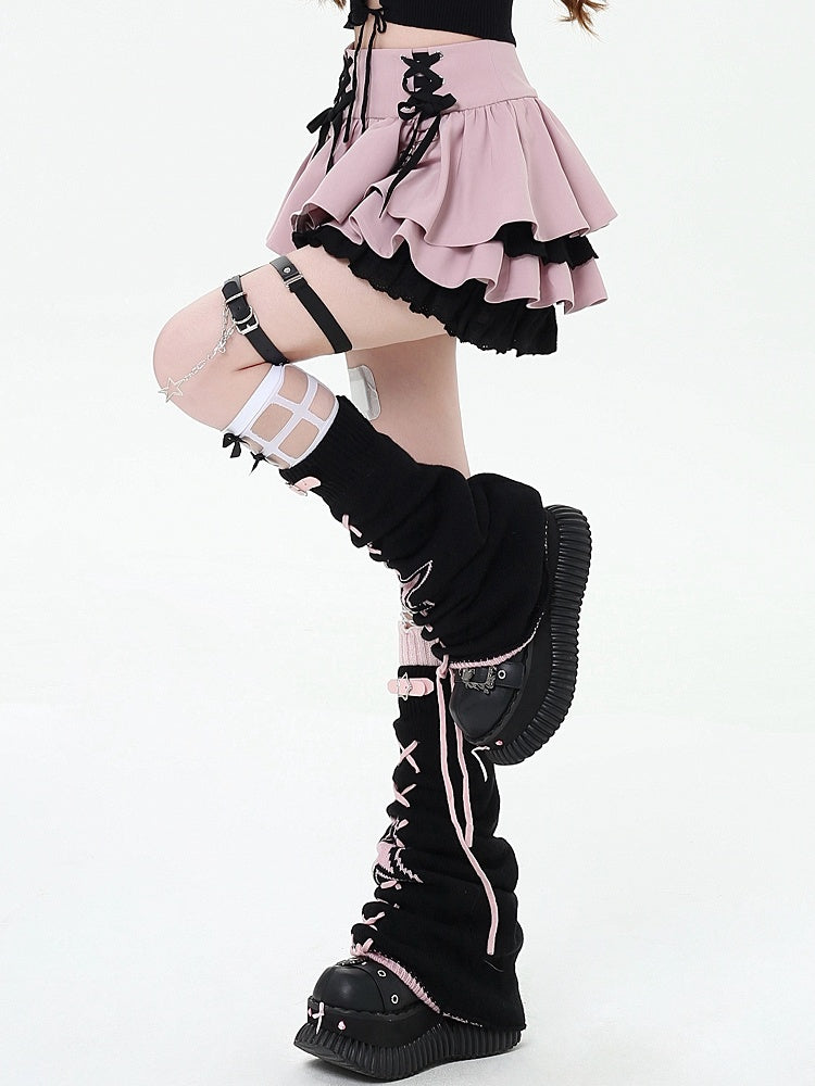 Waist at Pink Tiered Lace-up Details Y2K Skirt