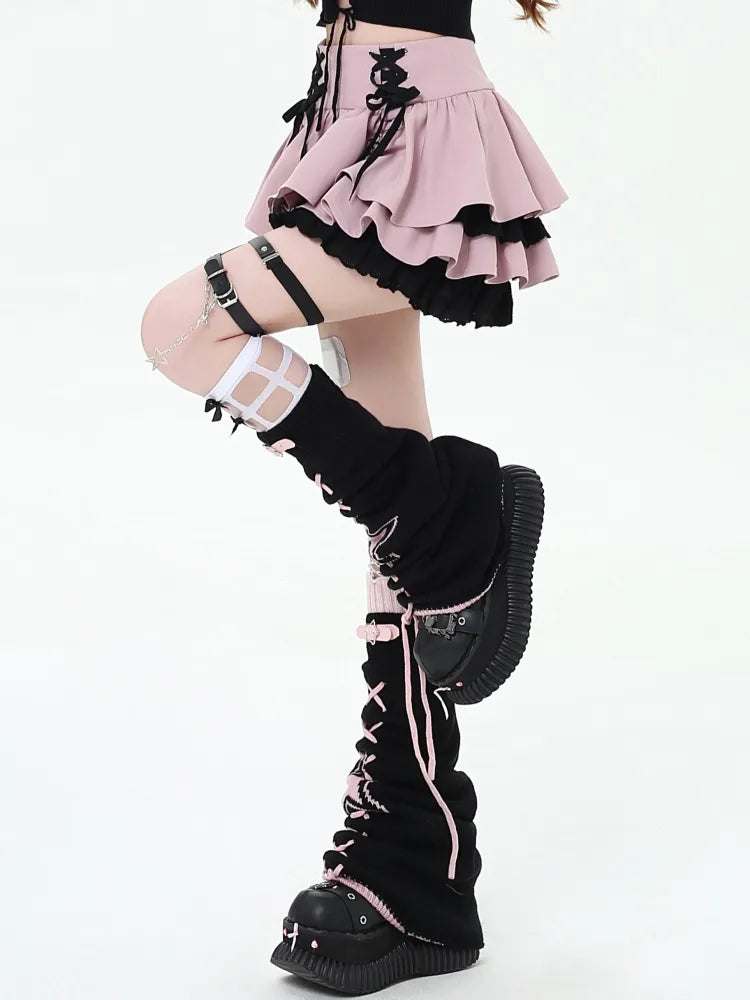 Pink at Skirt Tiered Y2K Lace-up Details Waist