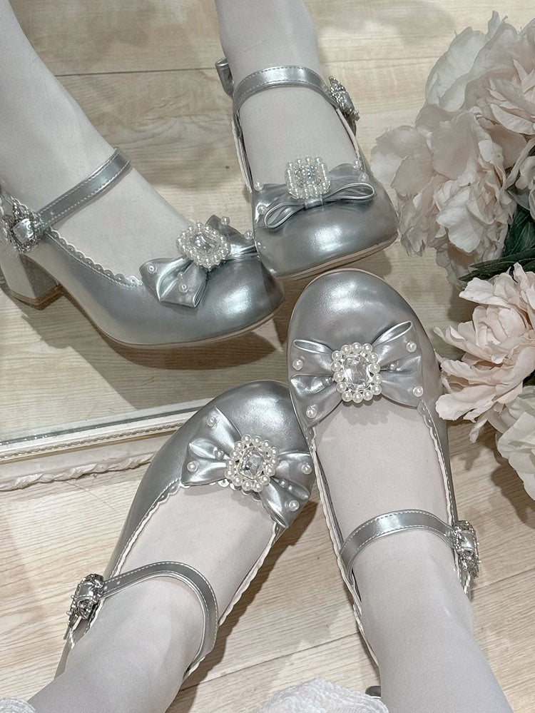 Schuhe Mary Runde Zehen Details Lolita Janes Perlen Silber Und Bowknot Verziert Strass