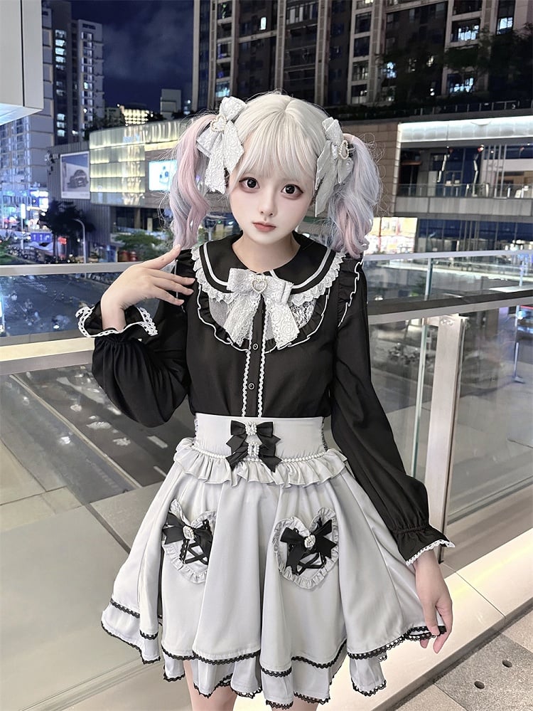 Jirai Kei Black Peter Pan Collar Long Sleeve Blouse Tie with Free Bow