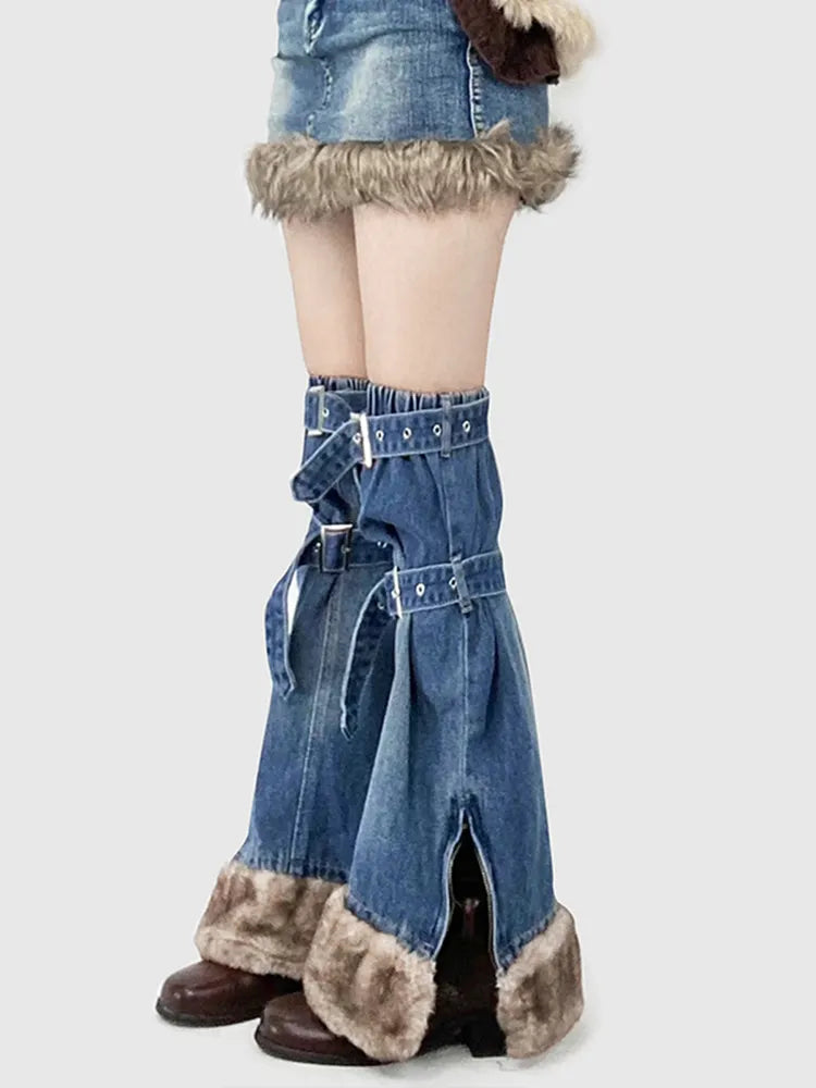 Hem + Leg Fashion Slit Plush Skirt Warmers Denim Side Straps Buckle Gyaru Blue