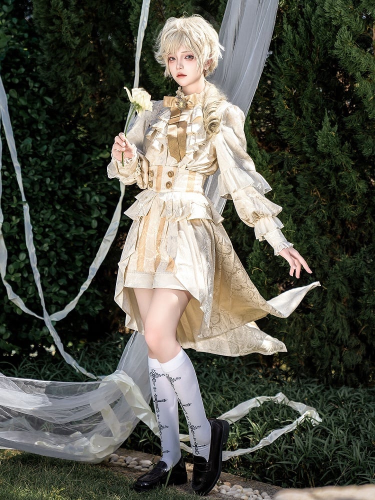 シャンパン王子 ロリータ王子 衣装 フリルネックライン 長袖シャツ ストライプオーバーオール ショートパンツ