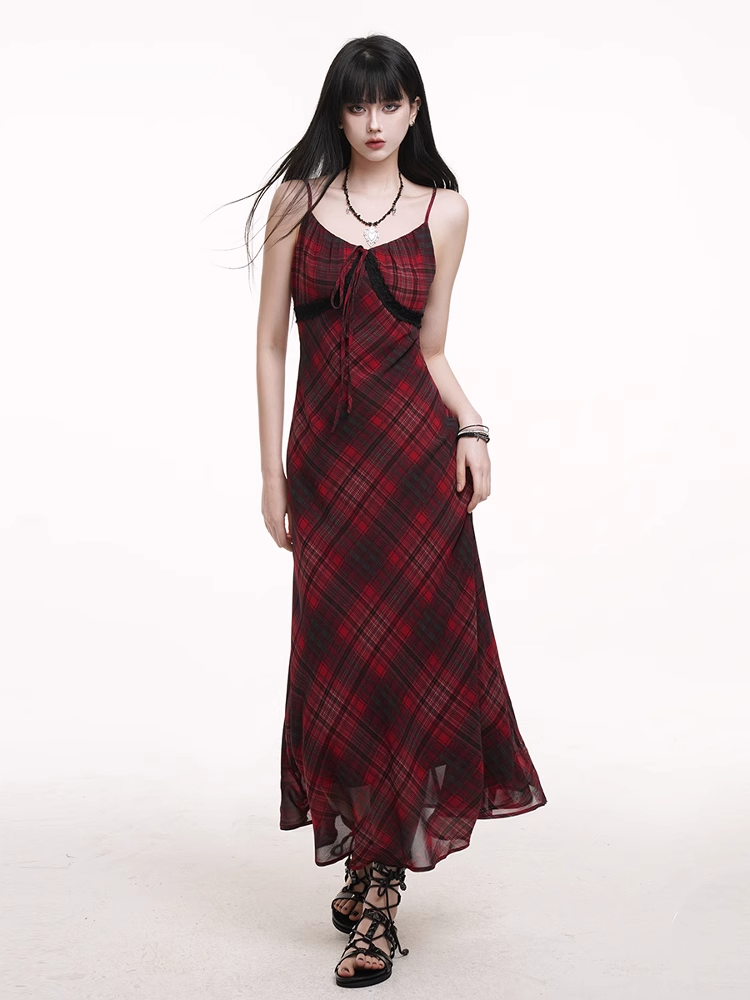 Self-tie Strap Neckline Cami Dress Red Black Plaid V-neck