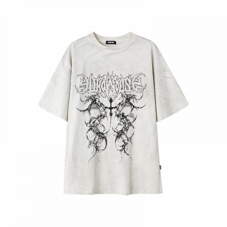 Black/White Faded Wash Cotton T-Shirt Distressed Punk Print Vintage