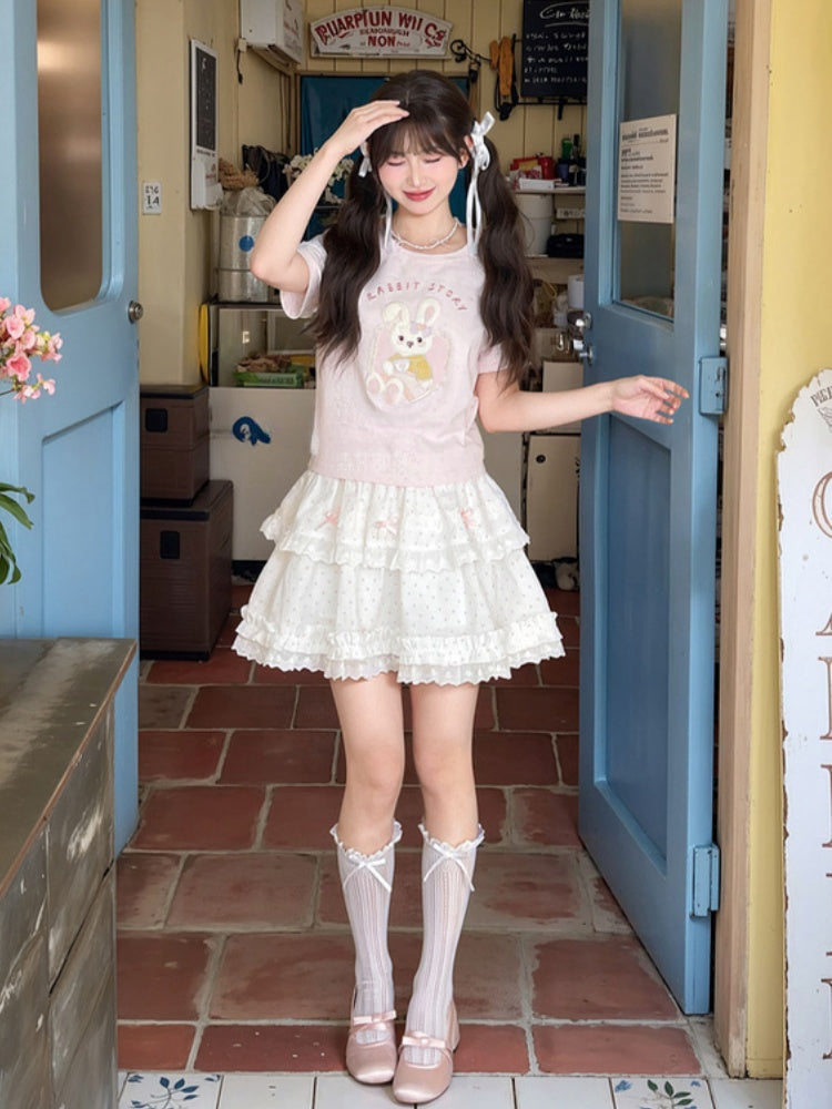 Pink Yume Adorable T-Shirt Bunny Applique Round Neck Kawaii