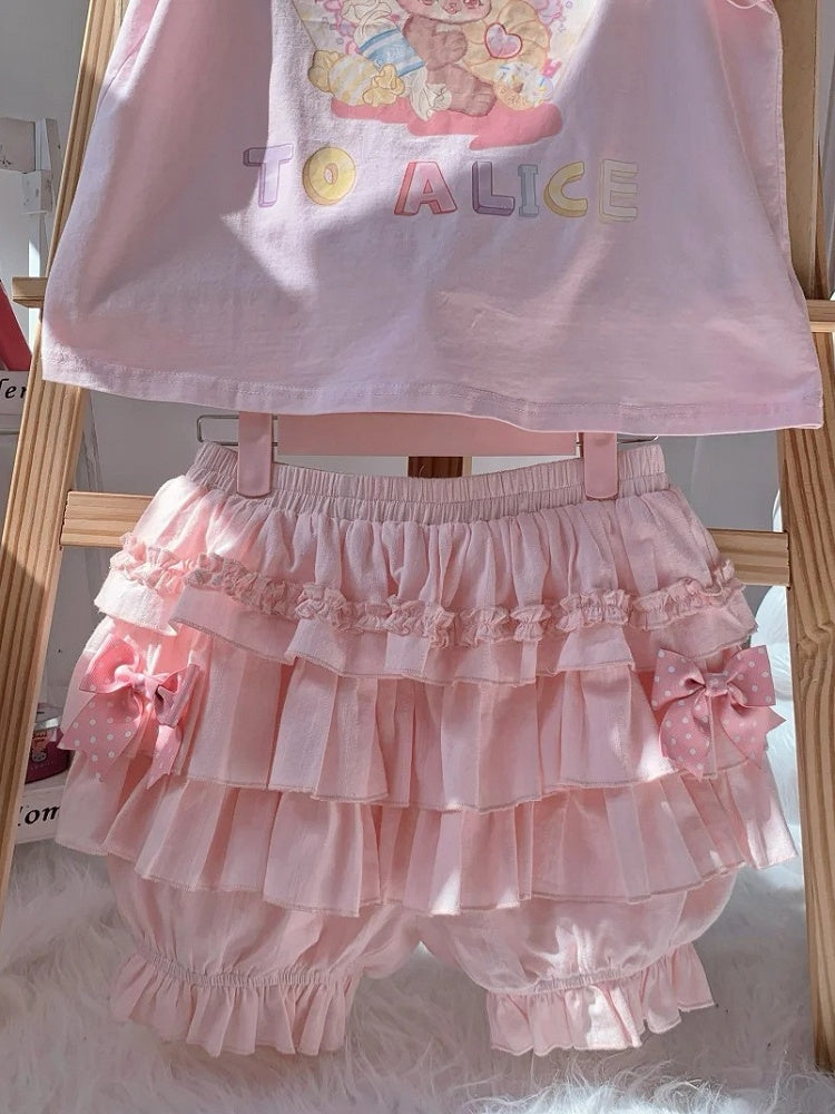 Rosa Pumphose mit elastischer Taille, Schleife an den Seiten und gestuften Rüschen
