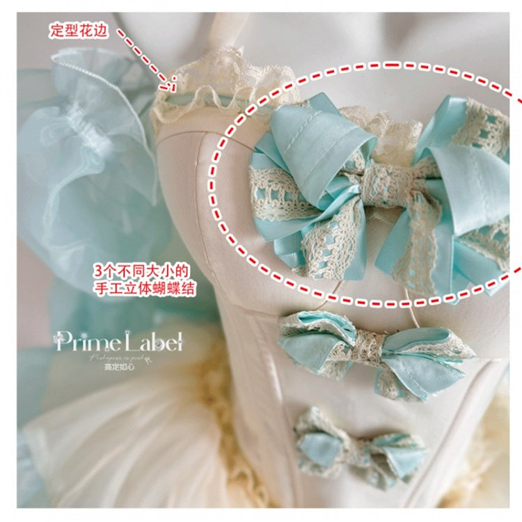 Green Bowknots Decoration Bodice Corset Top with and Puffy Skirt Yellow Set Balletcore
