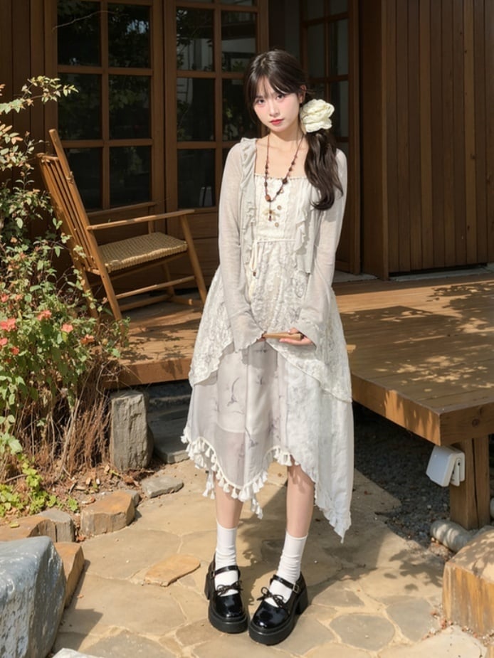 Ruffle Trim Open Placket Cardigan Grey