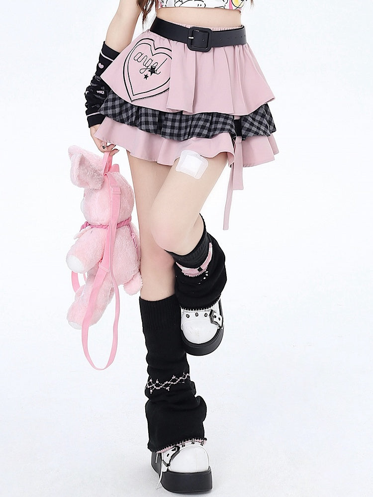 Free Skirt Belt Waist Pink Sweet Tiered with