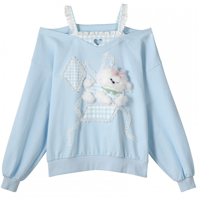 Cutout Shoulder Top Faux Plush Puppy Lace Embellished Blue Plaid Two-pieces