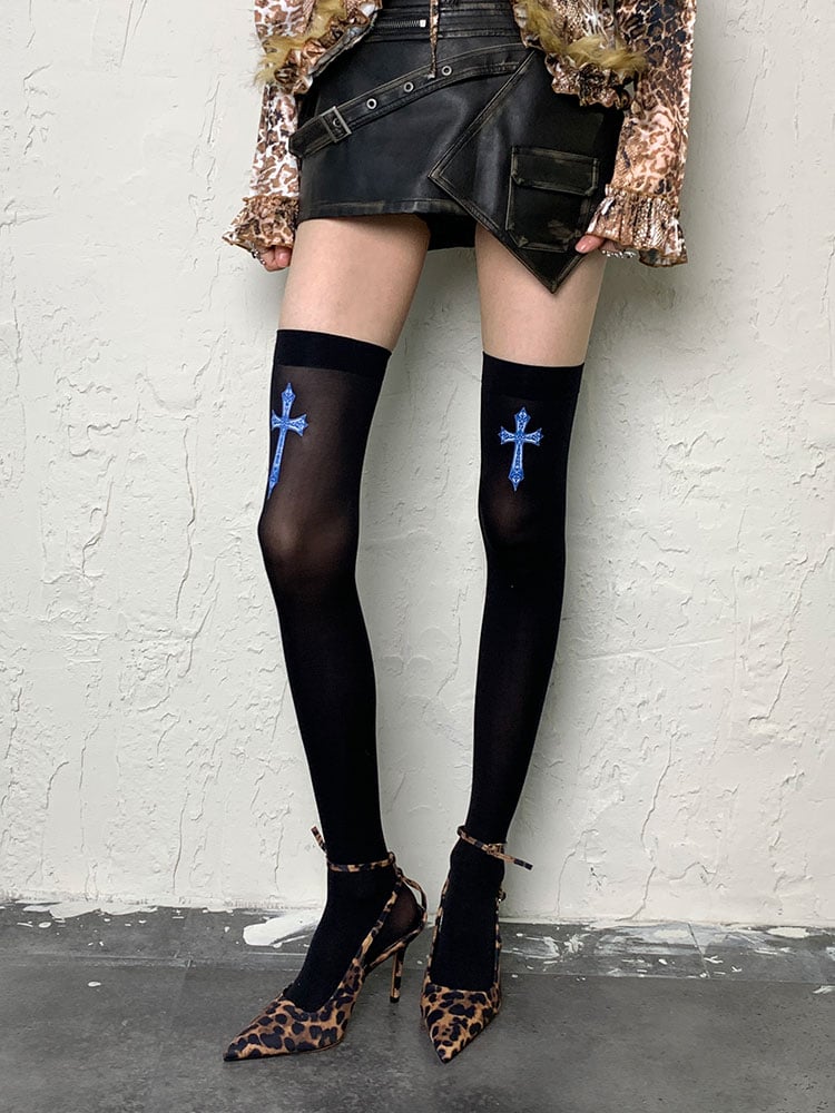 Schwarz/Weiße Y2K Cross Overknee Strümpfe